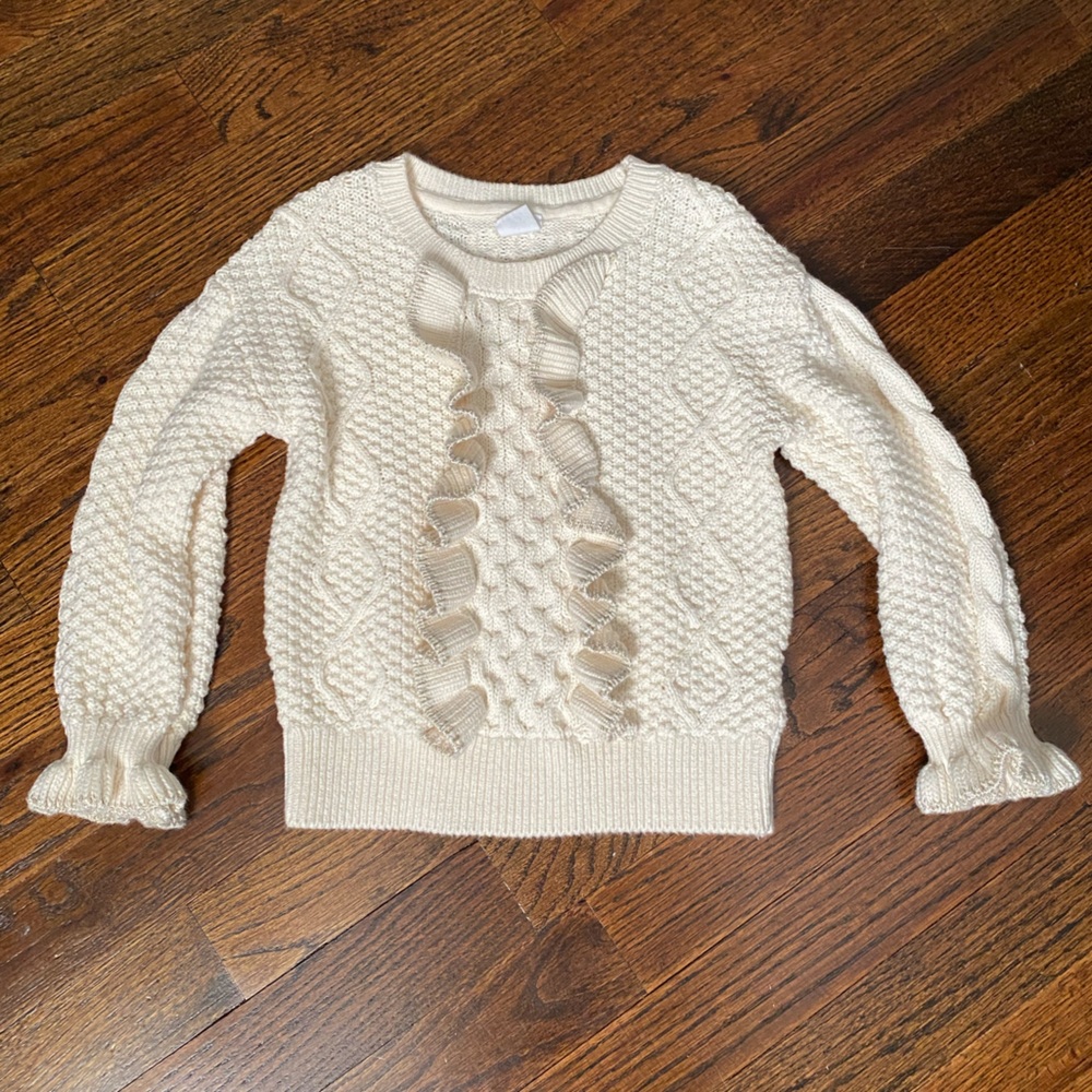 BabyGAP girl size 4 sweater Cream Gold Metallic Textured Knit Sweater ruffle hem - Picture 1 of 15